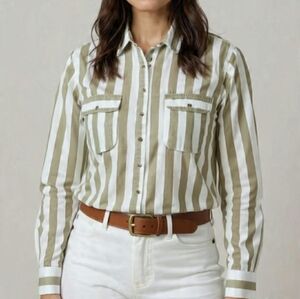 Vintage Cristina Neutral Chunky Striped Collared Button Down Sz L